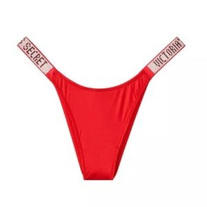 NWT VICTORIA'S SECRET LIPSTICK RED RHINESTONE SHINE STRAP BRAZILIAN PANTIES L